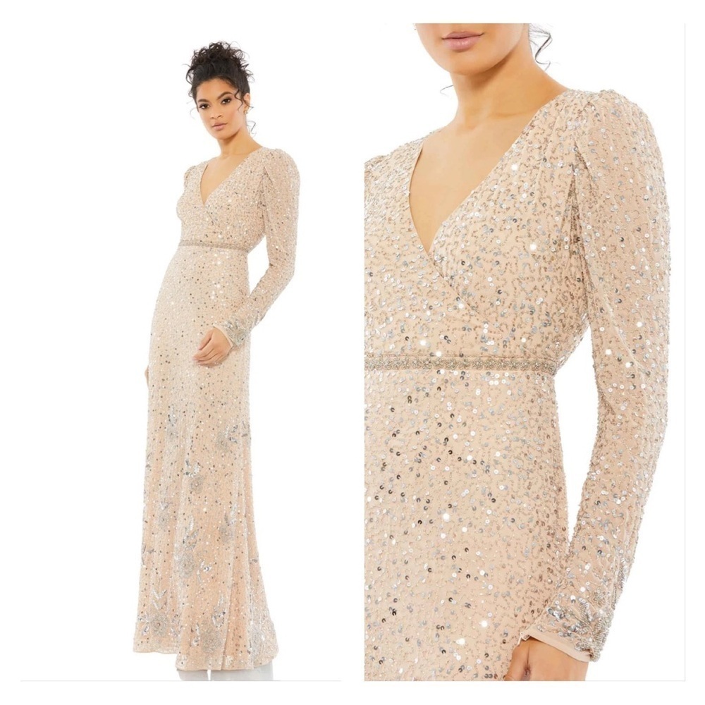 Mac Duggal 10769 NWOT Sequined Floral Embellished Long Sleeve Gown